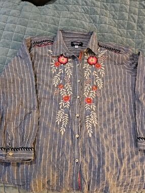 Johnny Was Blue Striped Button-Down Shirt with Pink Floral Embroidery